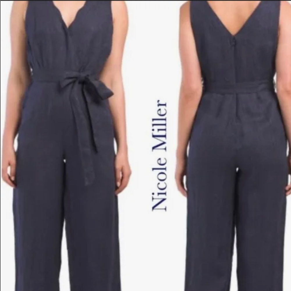 NWT Nicole Miller Linen Palazzo Jumpsuit Wide-Leg Navy Blue.